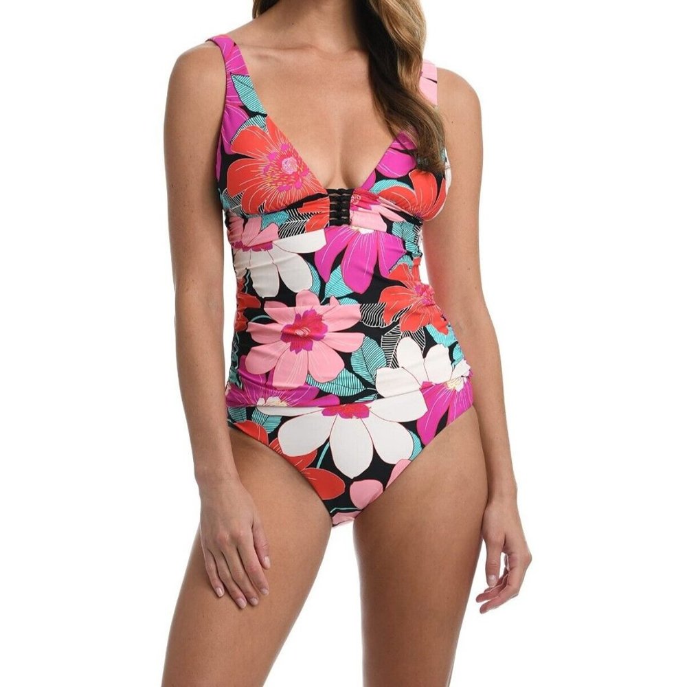 LA BLANCA In Full Bloom Over the Shoulder Front Knot Tankini Top Size 10 NWT